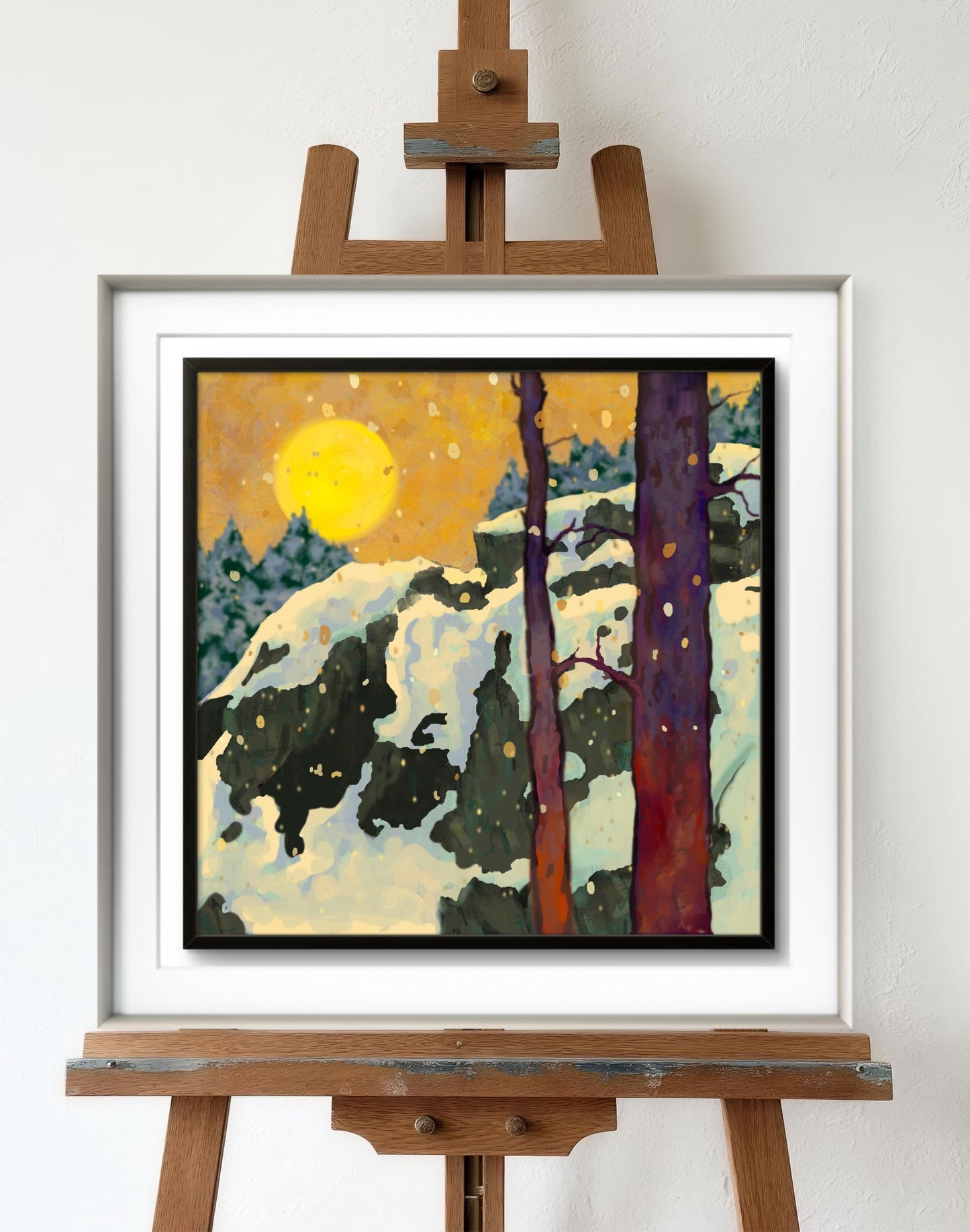 Title: Winter Forest at Sunrise – Atmospheric Landscape Art Print, Snowy Woodland Wall Art, Nature Inspired Painting