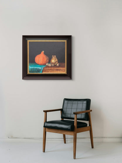 Nature morte originale de grenouilles sur panneau de bois – Œuvre d'art classique | Petit format | Inspirée des maîtres anciens