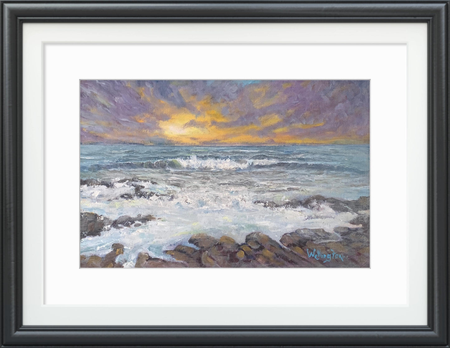 May include: Oil painting of a seascape in a black frame, depicting waves crashing on rocks under a sunset. The sky is painted in shades of purple, orange, and yellow. The artwork is signed in the bottom right corner.