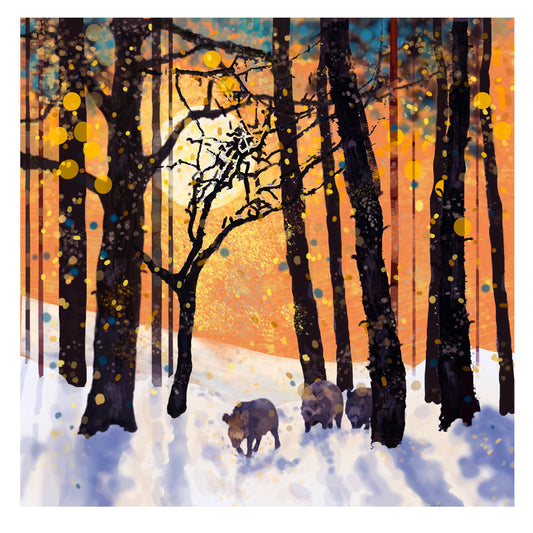 Forest Boars in Snow – Giclée Fine Art Print, Wild Boar Art Print, Forest Landscape Painting, Nature