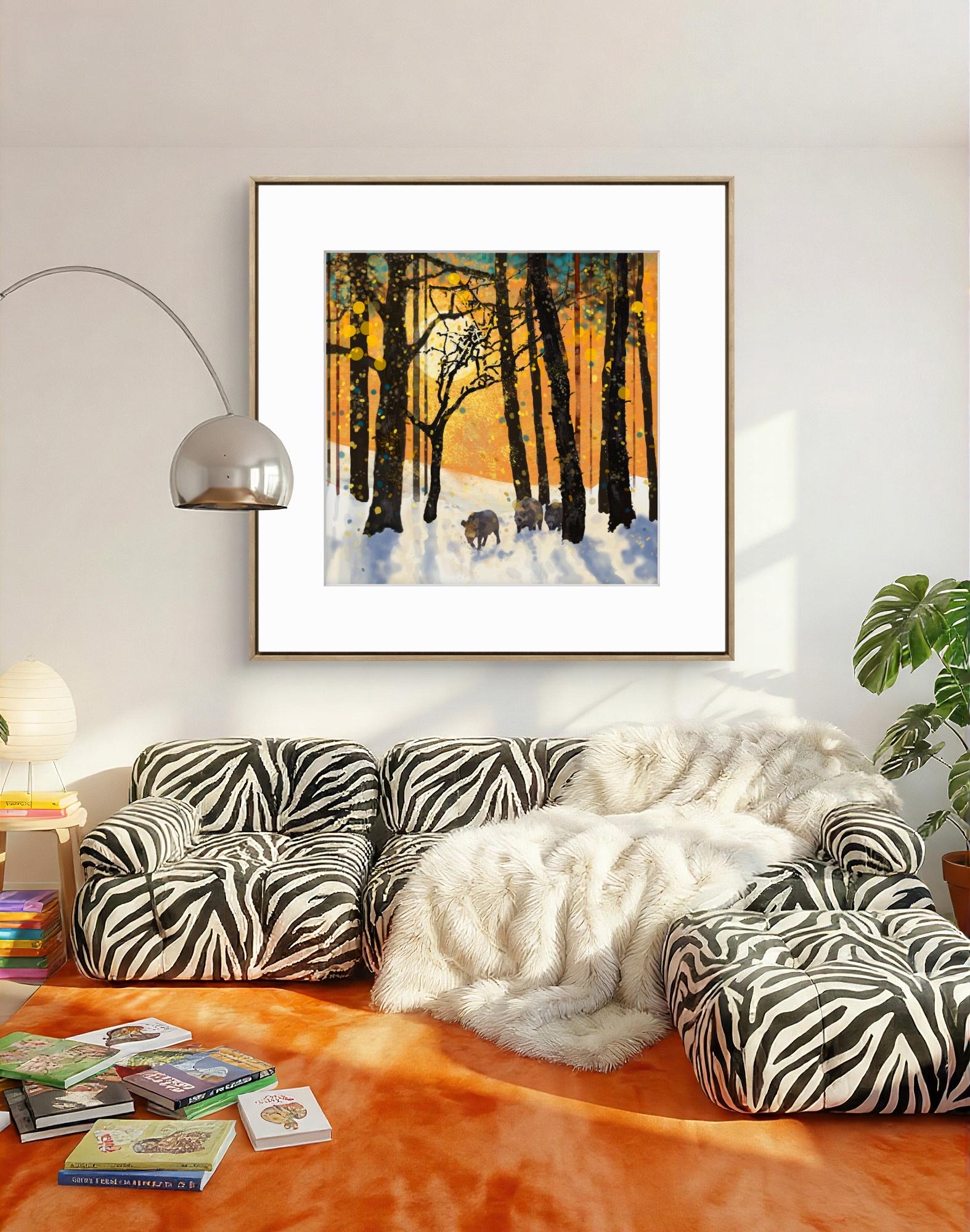 Forest Boars in Snow – Giclée Fine Art Print, Wild Boar Art Print, Forest Landscape Painting, Nature