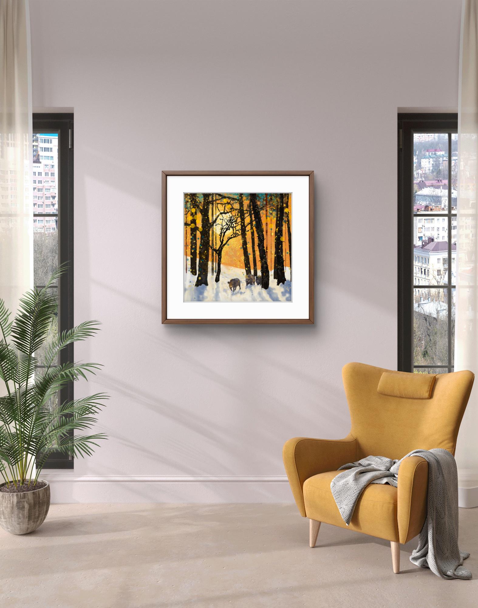 Forest Boars in Snow – Giclée Fine Art Print, Wild Boar Art Print, Forest Landscape Painting, Nature