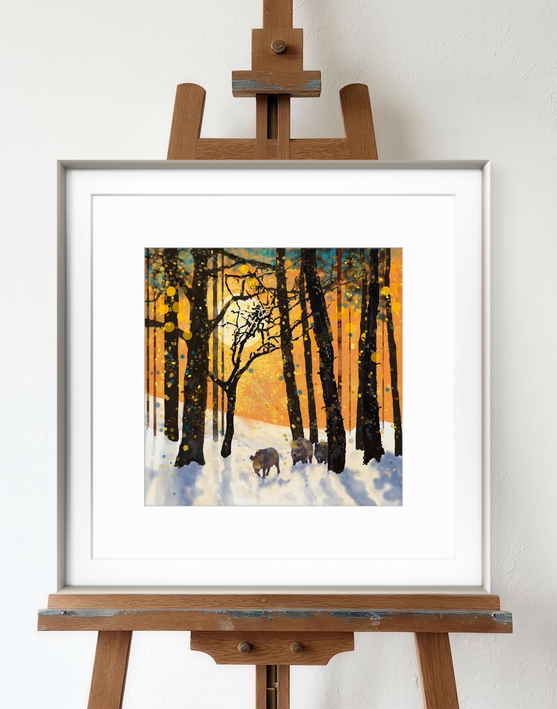 Forest Boars in Snow – Giclée Fine Art Print, Wild Boar Art Print, Forest Landscape Painting, Nature