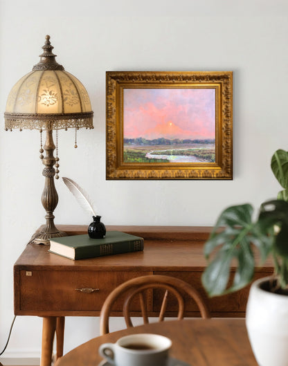Where the Evening Stayed – Original Oil Landscape Painting of a River at Sunset on Wood Panel by Peter Wellington