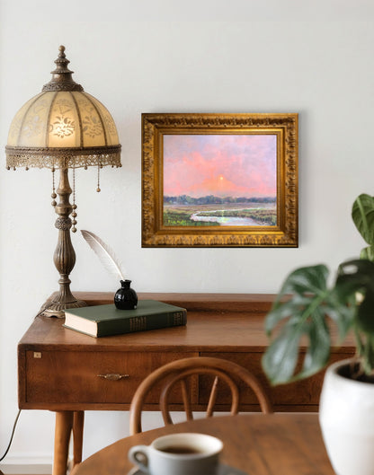 Where the Evening Stayed – Original Oil Landscape Painting of a River at Sunset on Wood Panel by Peter Wellington