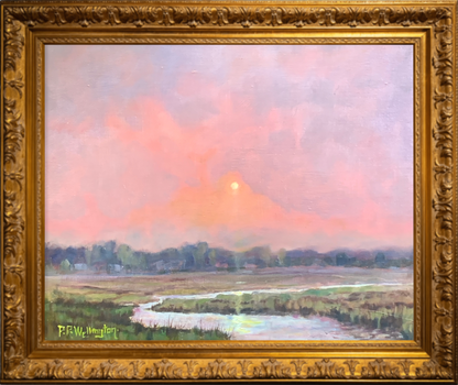 Where the Evening Stayed – Original Oil Landscape Painting of a River at Sunset on Wood Panel by Peter Wellington