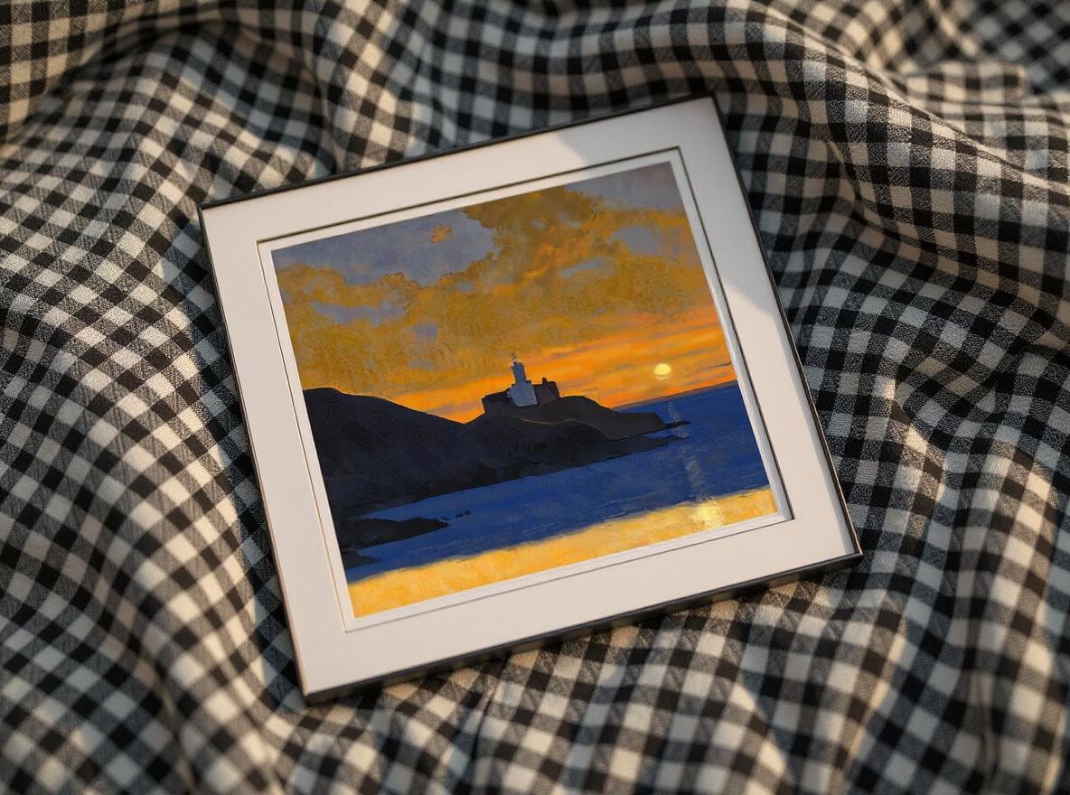 Sunset Over Mumbles Lighthouse – Square Giclée Fine Art Print | Swansea Bay | South Wales Coastal Art