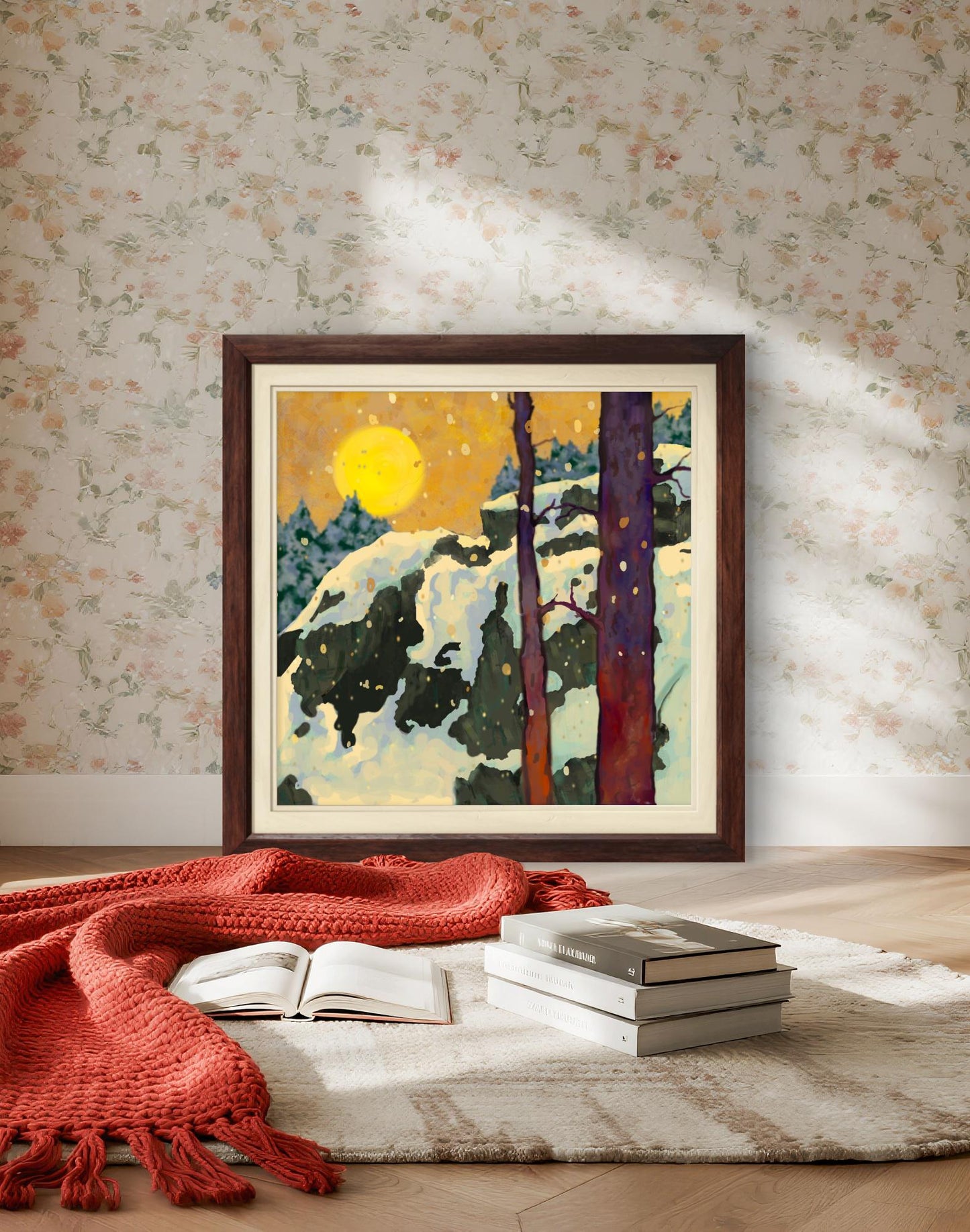 Title: Winter Forest at Sunrise – Atmospheric Landscape Art Print, Snowy Woodland Wall Art, Nature Inspired Painting