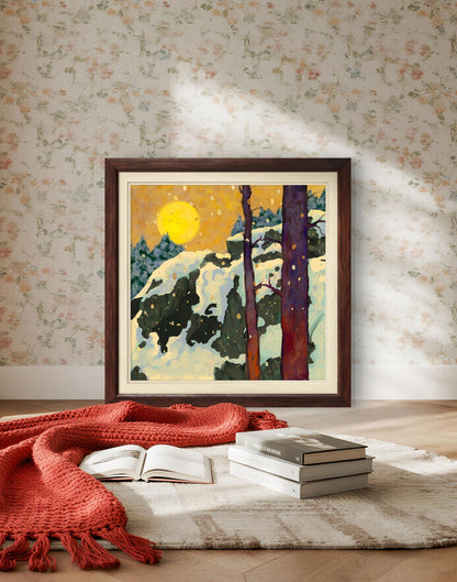 Title: Winter Forest at Sunrise – Atmospheric Landscape Art Print, Snowy Woodland Wall Art, Nature Inspired Painting