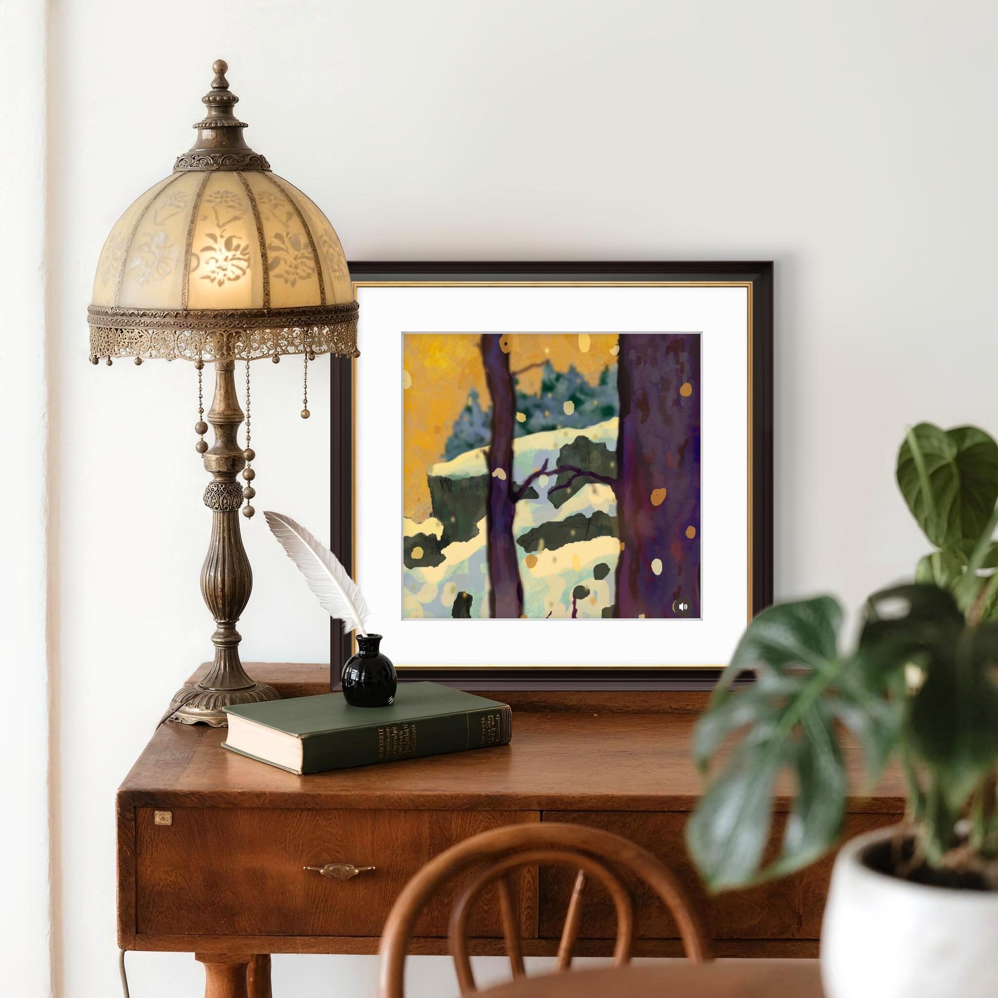 Title: Winter Forest at Sunrise – Atmospheric Landscape Art Print, Snowy Woodland Wall Art, Nature Inspired Painting