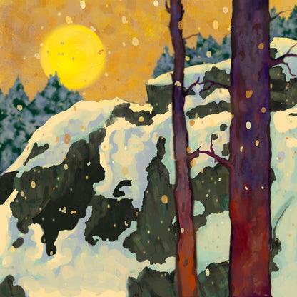 Title: Winter Forest at Sunrise – Atmospheric Landscape Art Print, Snowy Woodland Wall Art, Nature Inspired Painting