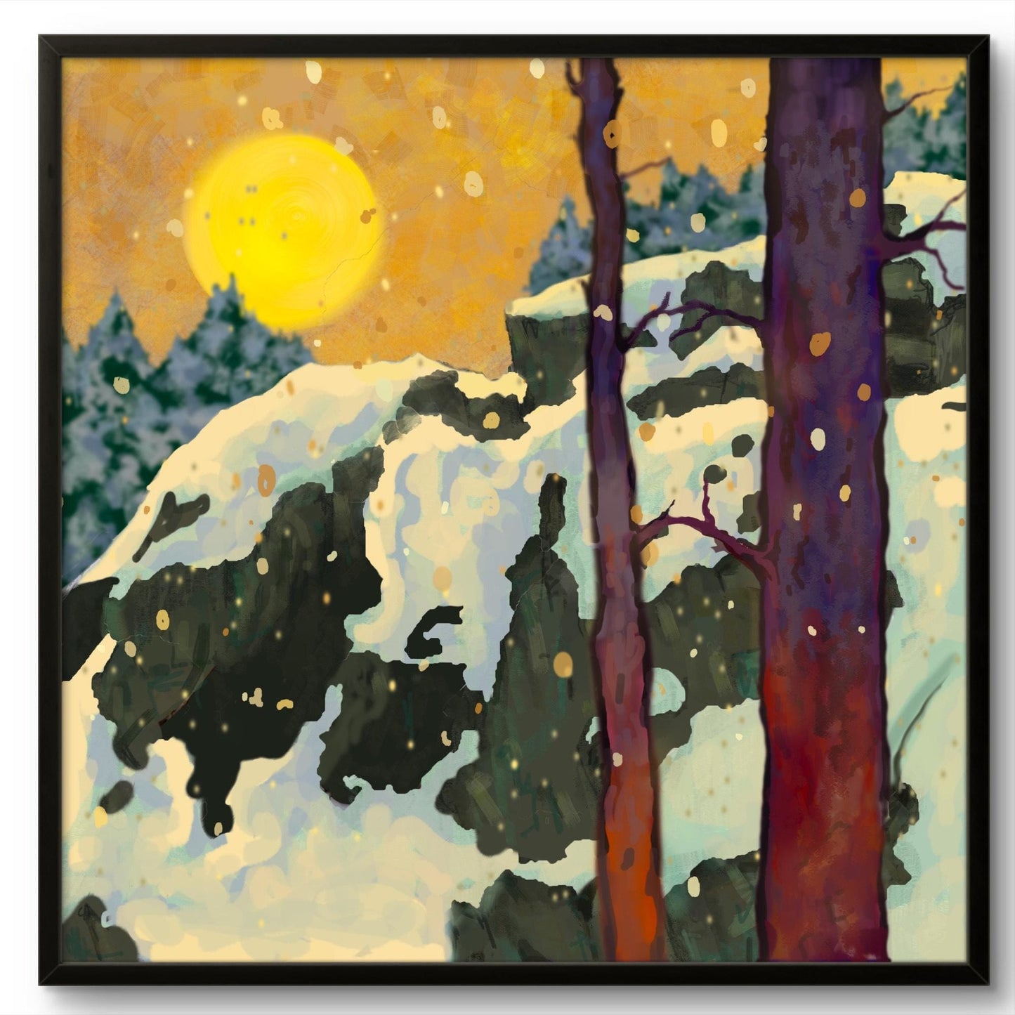 Title: Winter Forest at Sunrise – Atmospheric Landscape Art Print, Snowy Woodland Wall Art, Nature Inspired Painting