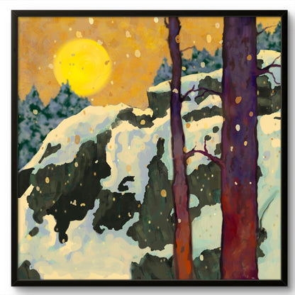 Title: Winter Forest at Sunrise – Atmospheric Landscape Art Print, Snowy Woodland Wall Art, Nature Inspired Painting