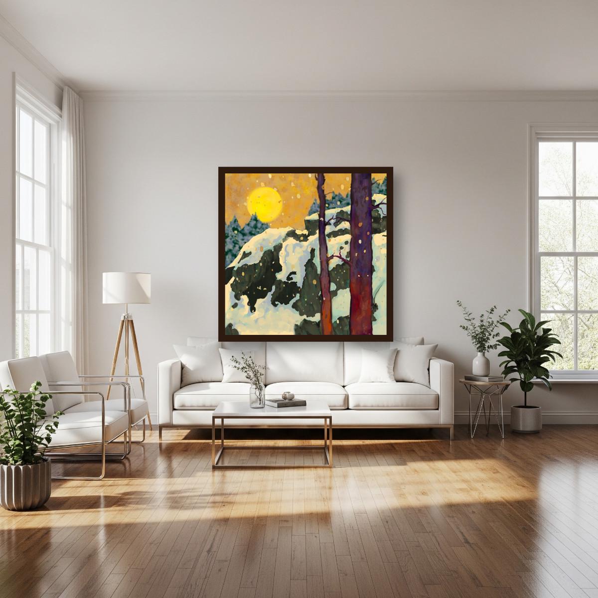 Title: Winter Forest at Sunrise – Atmospheric Landscape Art Print, Snowy Woodland Wall Art, Nature Inspired Painting
