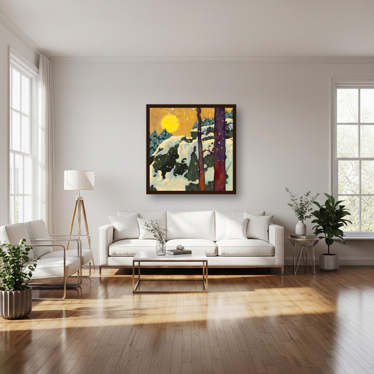 Title: Winter Forest at Sunrise – Atmospheric Landscape Art Print, Snowy Woodland Wall Art, Nature Inspired Painting
