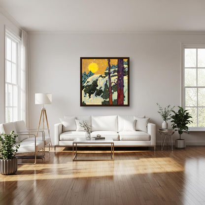 Title: Winter Forest at Sunrise – Atmospheric Landscape Art Print, Snowy Woodland Wall Art, Nature Inspired Painting