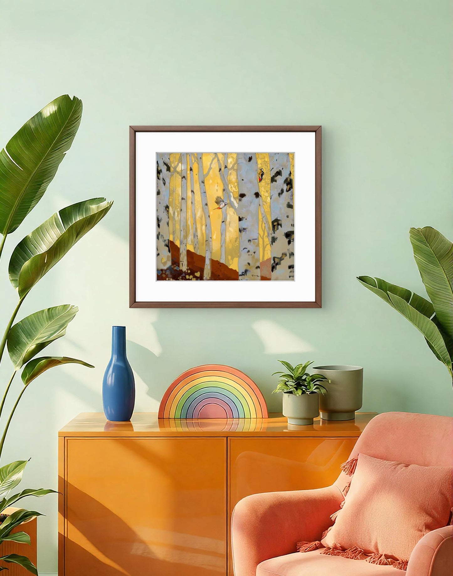 Woodpeckers in the Birch Forest – Square Giclée Fine Art Print | Woodland Birds | Nature Art by Peter Wellington