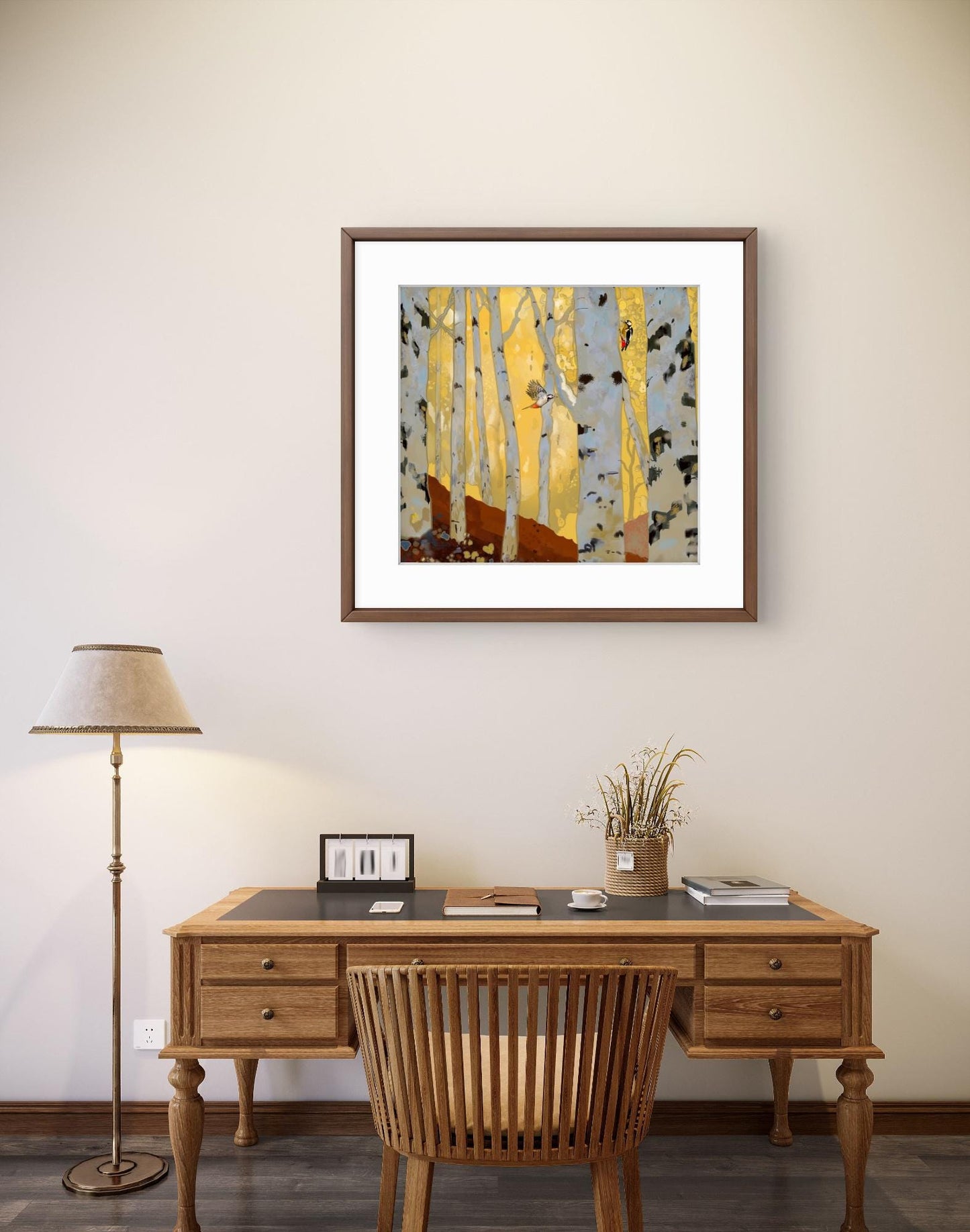 Woodpeckers in the Birch Forest – Square Giclée Fine Art Print | Woodland Birds | Nature Art by Peter Wellington
