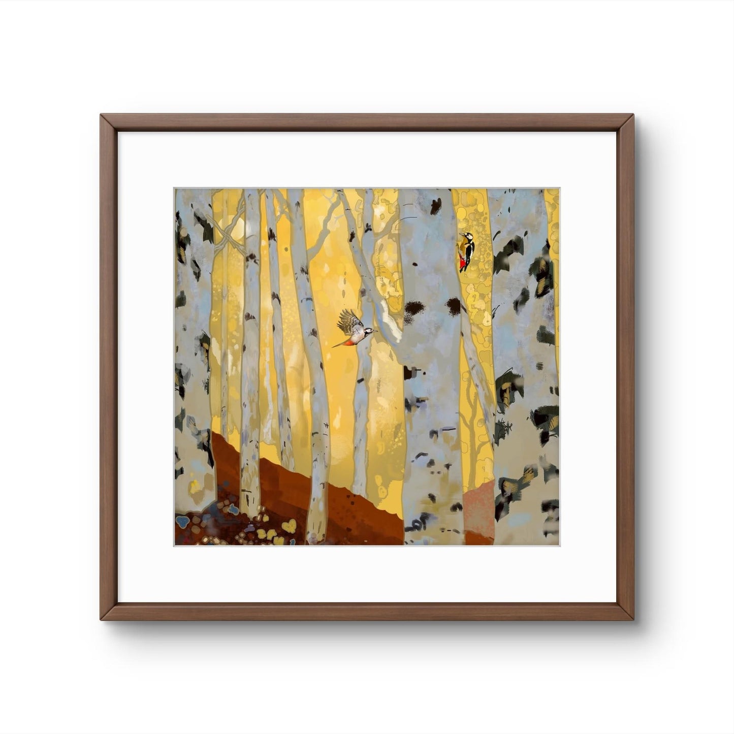 Woodpeckers in the Birch Forest – Square Giclée Fine Art Print | Woodland Birds | Nature Art by Peter Wellington