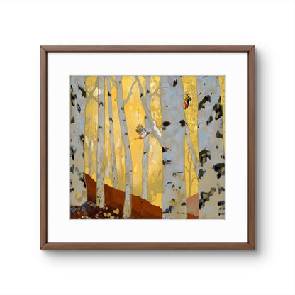 Woodpeckers in the Birch Forest – Square Giclée Fine Art Print | Woodland Birds | Nature Art by Peter Wellington