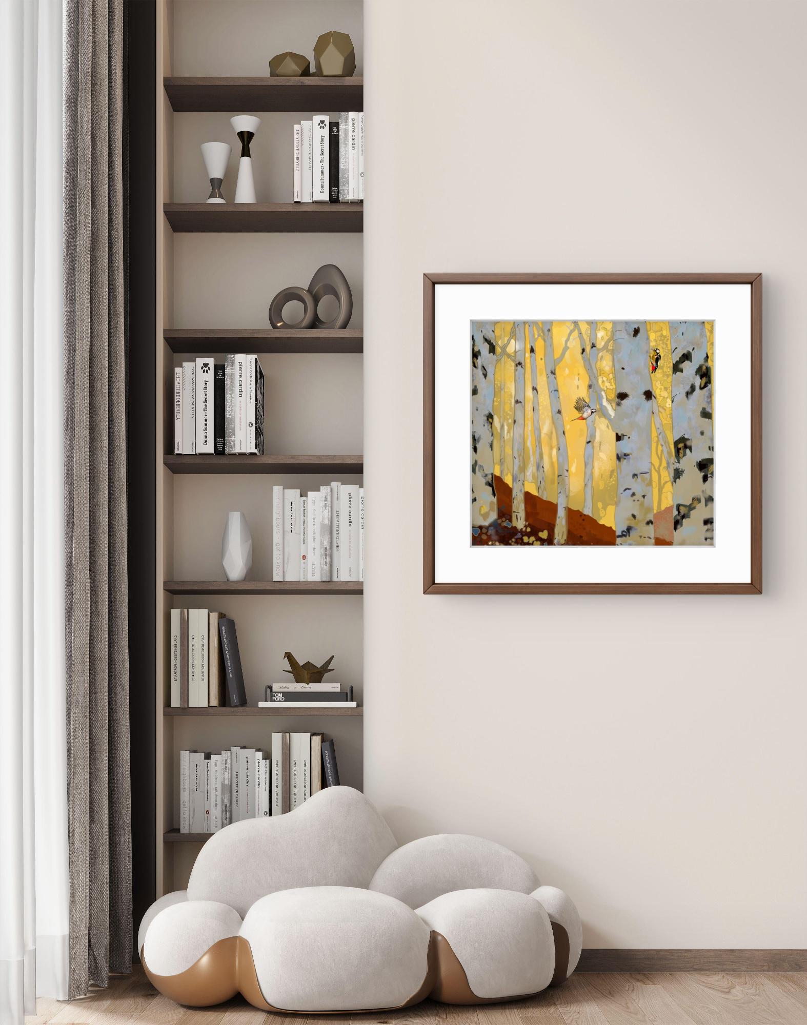 Woodpeckers in the Birch Forest – Square Giclée Fine Art Print | Woodland Birds | Nature Art by Peter Wellington