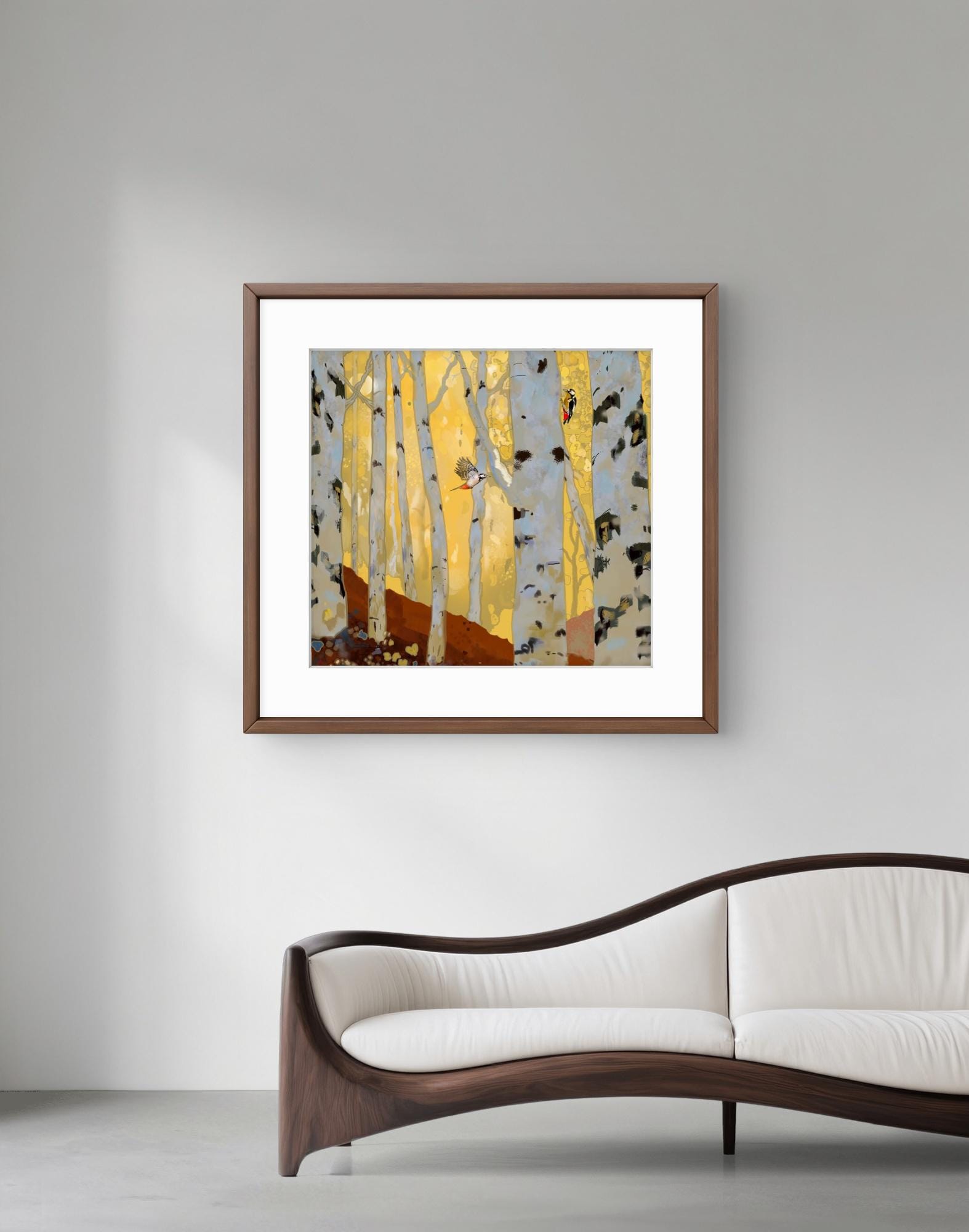 Woodpeckers in the Birch Forest – Square Giclée Fine Art Print | Woodland Birds | Nature Art by Peter Wellington
