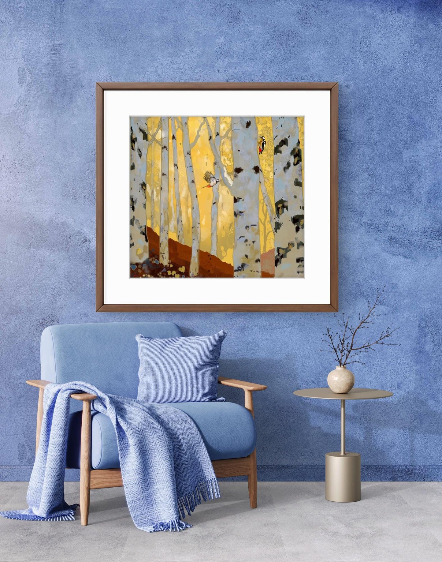 Woodpeckers in the Birch Forest – Square Giclée Fine Art Print | Woodland Birds | Nature Art by Peter Wellington