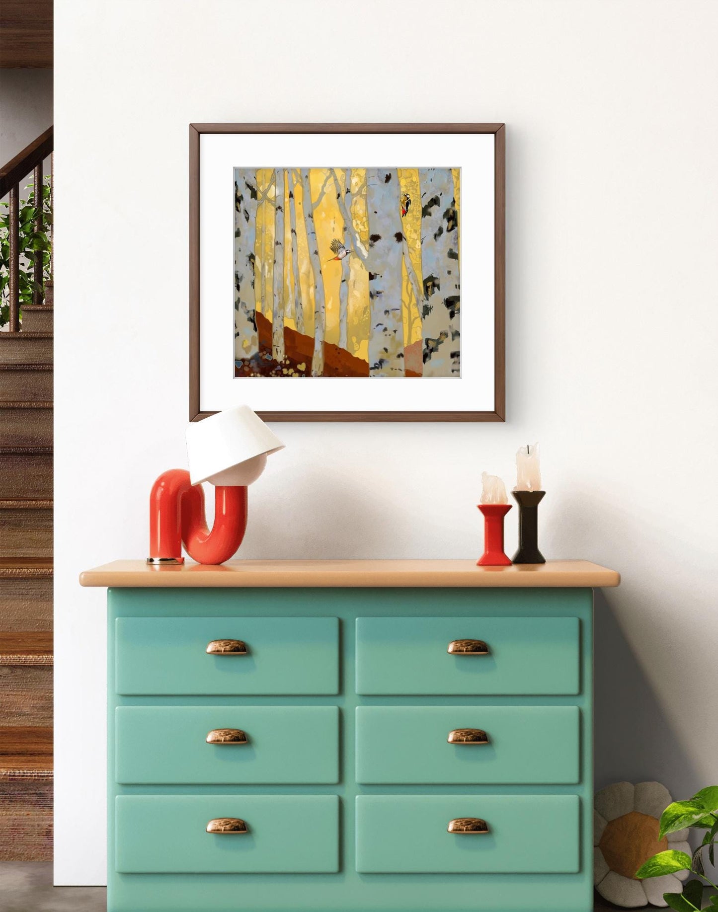 Woodpeckers in the Birch Forest – Square Giclée Fine Art Print | Woodland Birds | Nature Art by Peter Wellington