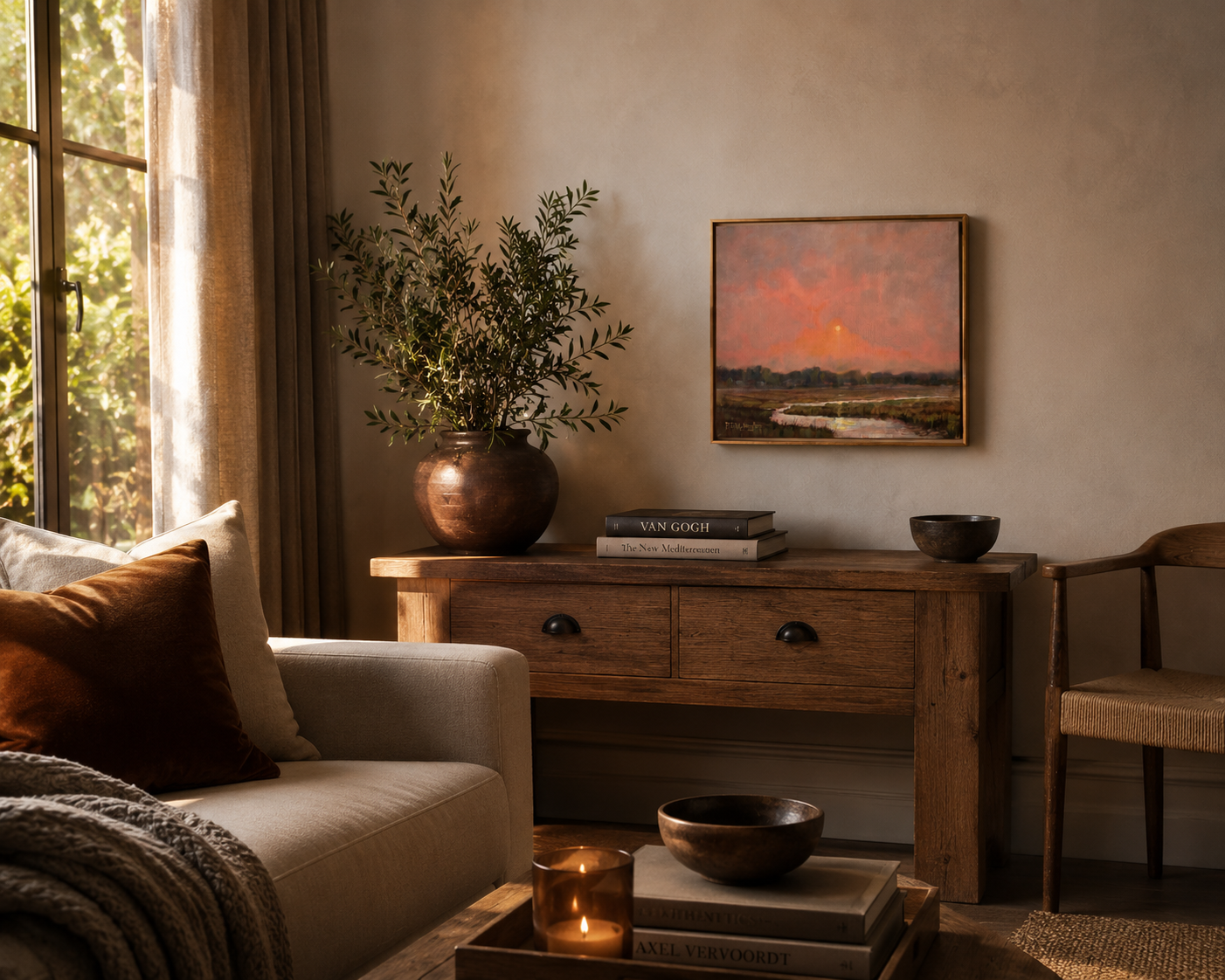 Where the Evening Stayed – Original Oil Landscape Painting of a River at Sunset on Wood Panel by Peter Wellington