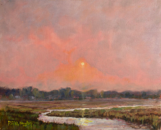 Where the Evening Stayed – Original Oil Landscape Painting of a River at Sunset on Wood Panel by Peter Wellington